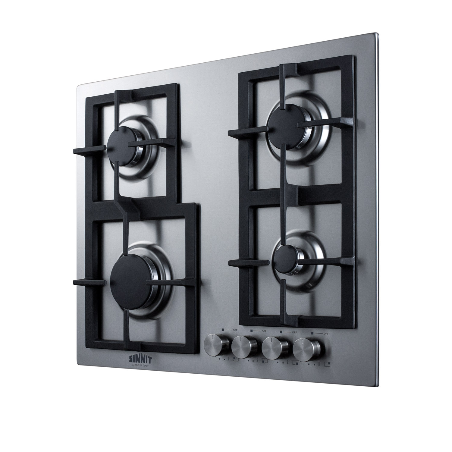 4-burner gas cooktop made in Italy with sealed burners, multiple heating outputs, a 304 grade stainless steel surface, and continuous cast iron grates for added durability